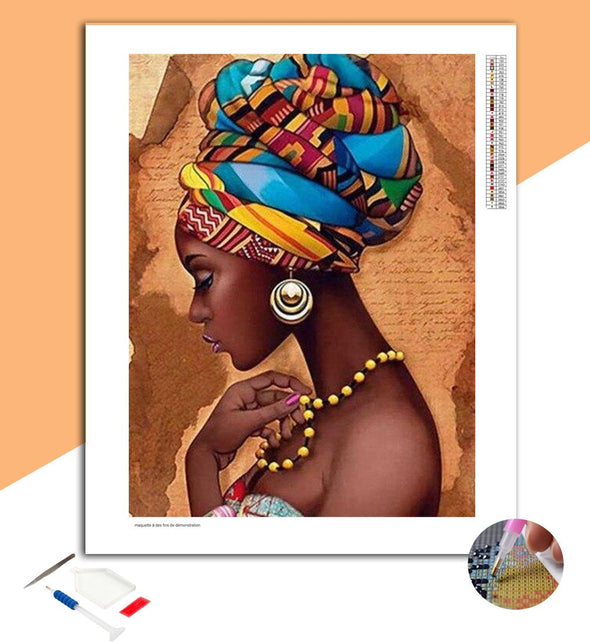 Broderie Diamant Africaine avec foulard sur la tête