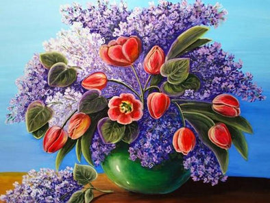 Broderie Diamant Bouquet de lilas violets et de tulipes 