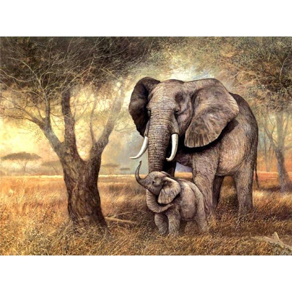 Broderie Diamant Eléphant et son petit dans la savane