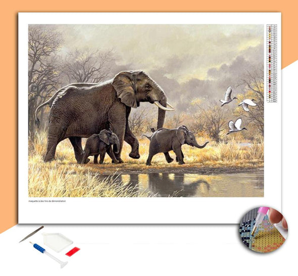 Broderie Diamant Famille d’éléphants sauvages et oiseaux