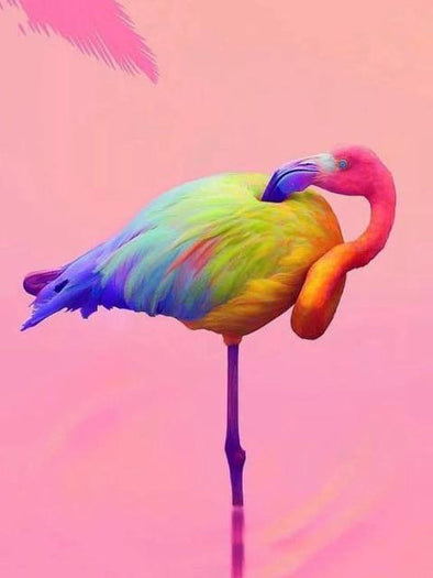 Broderie Diamant Flamant rose multicolore fond rose