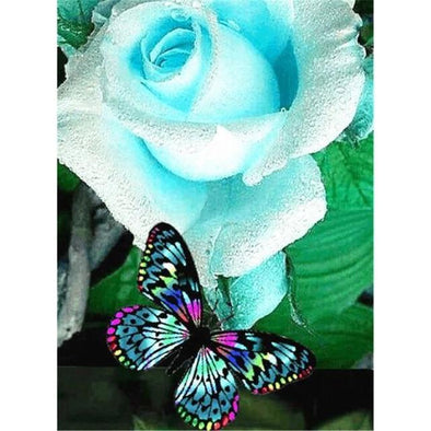 Broderie Diamant Papillon & Rose Bleue