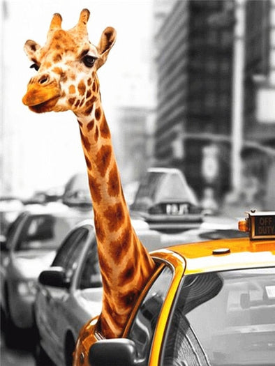 Broderie Diamant Tête de girafe sortant d’un taxi
