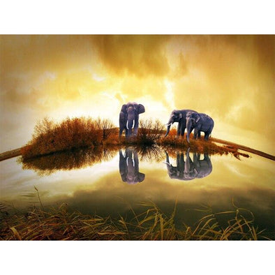 Broderie Diamant Trio d’éléphants dans un cours d’eau